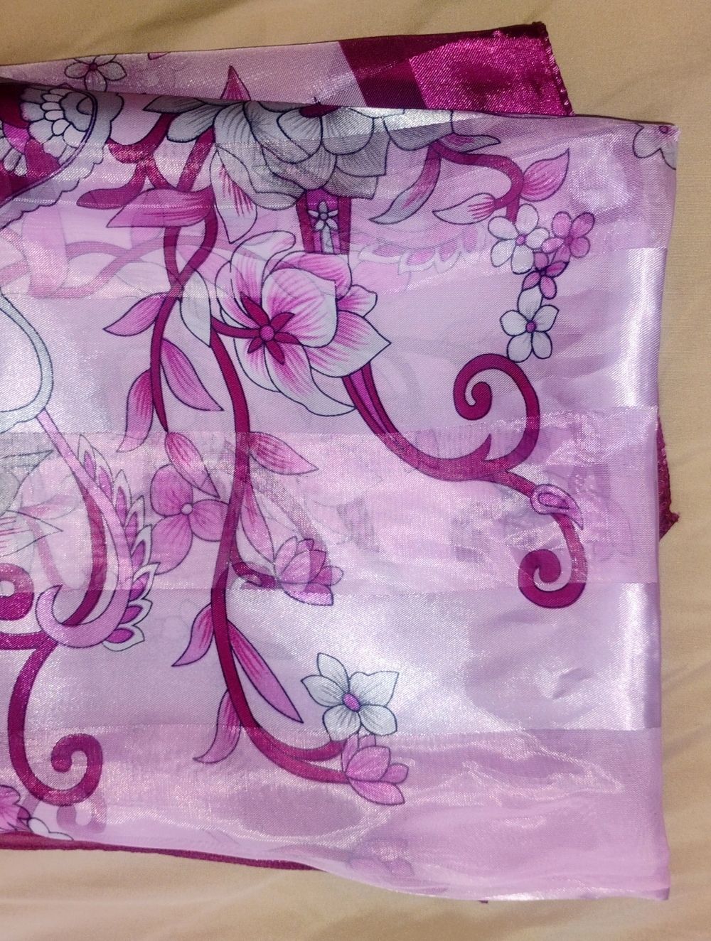 Pink Floral Satin Scarf - Sheer Lavender & Magenta
